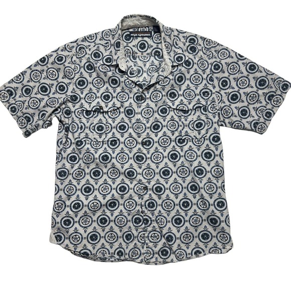 Reyn Spooner Mens Large Blue Palekaula Silver Button down Short Sleeve Shirt - Picture 1 of 7